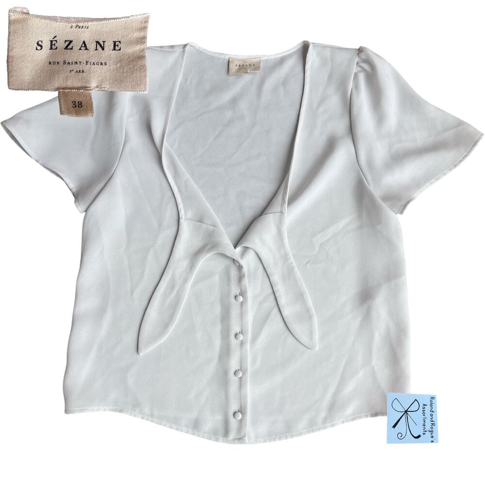 Sezane Eloine Tie-Front Button-Up Blouse Sz 38